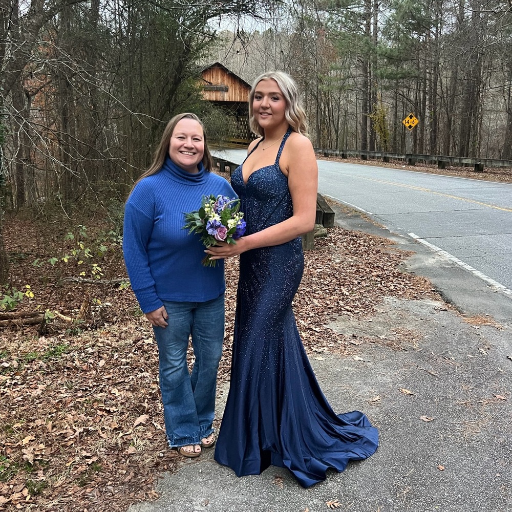 Sherri Hill Navy Strapless Sequin Mermaid Gown - Picture 4 of 7
